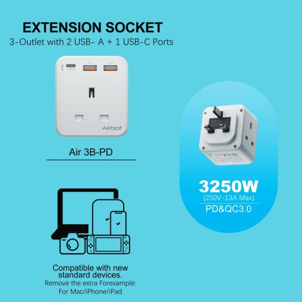 Airbot SingaporeAirbot 3B - PD Extension Socket 3250W 3 Outlets Socket Multi Power Adaptor with USB + Type - C PDAir 3B - PD
