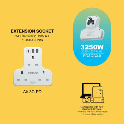 Airbot SingaporeAirbot 3C - PD Multi Extension Socket 3250W 3 Way Socket Multi Power Adaptor with USB + Type - C PDAir 3C - PD