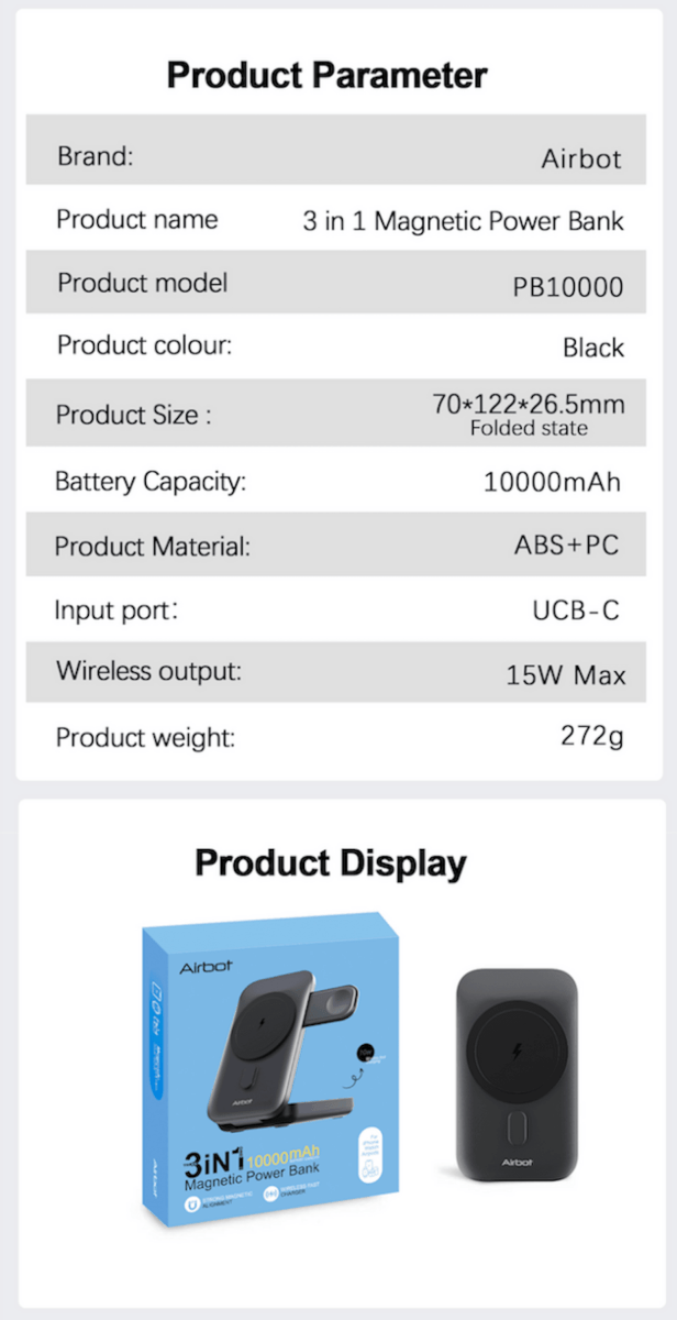 Airbot SingaporePower Bank 10000mAh with Magnetic Wireless ChargingPB10000